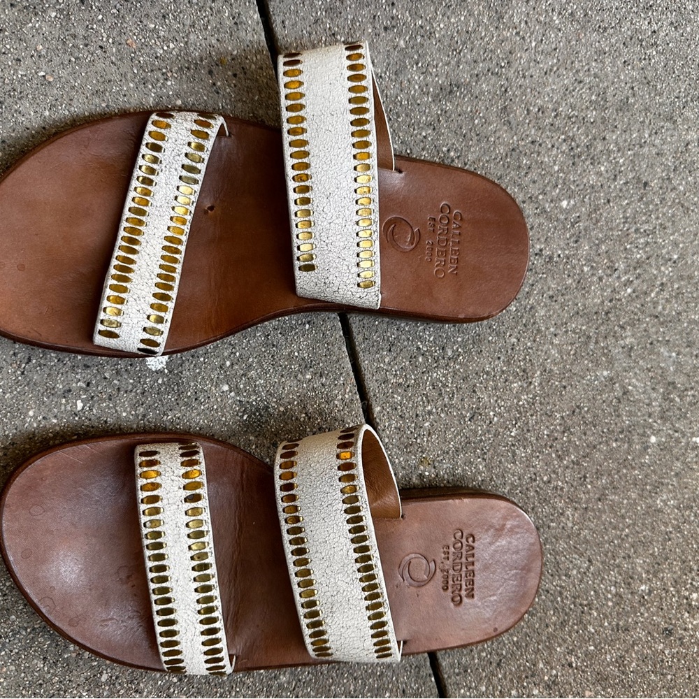 Calleen Cordero Adella White and Gold Double Band Leather Slide Sandals
